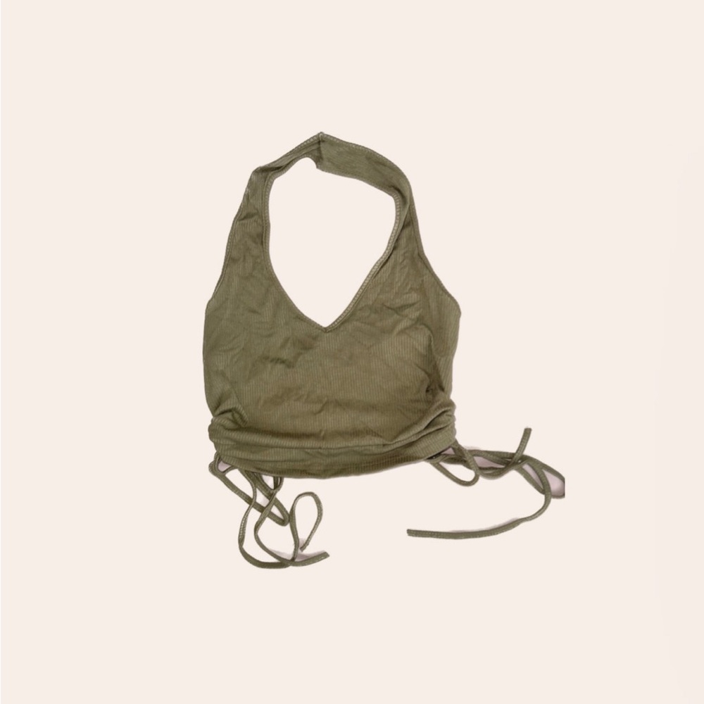 Halter Top Olive Green Ruched And Tied On The Sides V-cut Xs (COMPLETELY NEW)